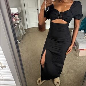 Elegant Black Cutout Puff Sleeve Maxi Dress